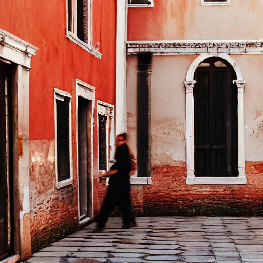 Prompt: portra 800 street photography in Venice a subject is blurry because it's in motion