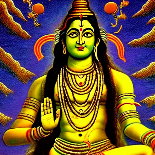 Prompt: Lord Shiva holding the earth in his one hand and trishul in other hand, cosmic background, high quality, 8k