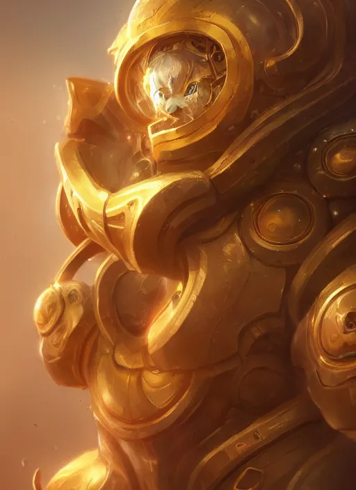 Prompt: a highly detailed illustration of gentle colossal golden mechanical giant, with cute doting eyes, intricate, elegant, highly detailed, centered, digital painting, artstation, concept art, smooth, sharp focus, league of legends concept art, wlop.
