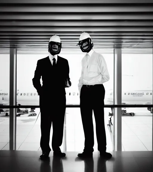 Prompt: two business men with dairy cow head helmet standing on two feet at the airport trending flickr noir detailed portrait