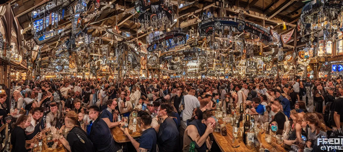 Prompt: crowded cyberpunk oktoberfest beer hall, detailed, wide angle, realism 8k HDR