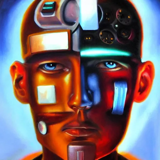 Image similar to amazing portrait of a cyborg man, oil painting. HD