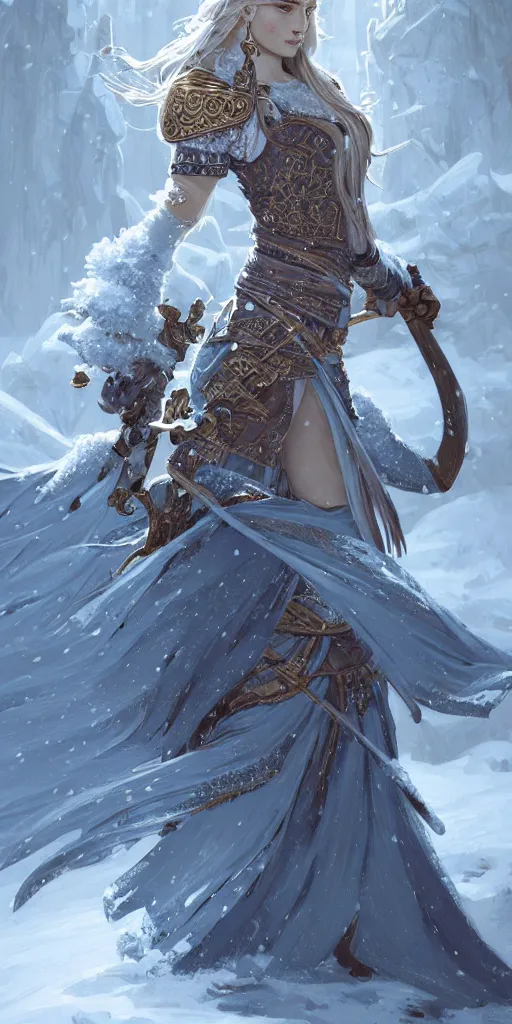 Image similar to azure viking warrior, regal, elegant, winter, snow, beautiful, stunning, hd, illustration, epic, d & d, fantasy, intricate, elegant, highly detailed, wide angle, digital painting, artstation, concept art, smooth, sharp focus, illustration, wallpaper, art by artgerm and greg rutkowski and alphonse mucha and jin xiaodi