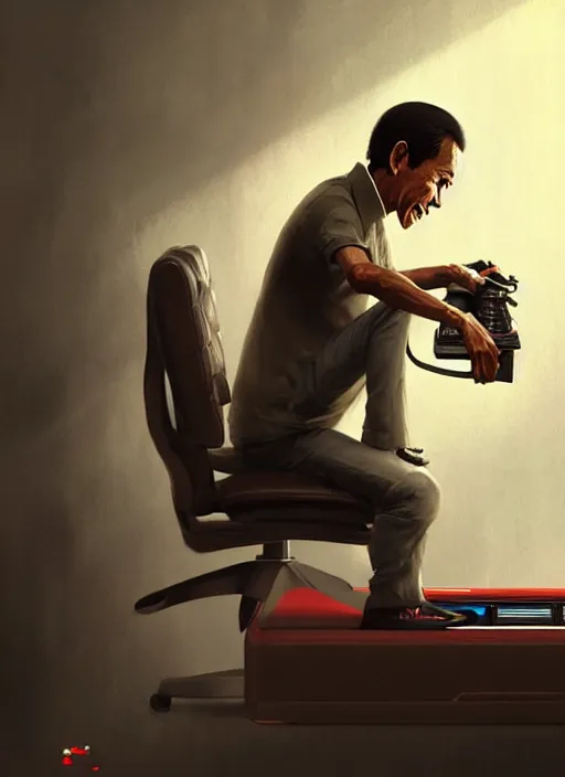 Prompt: portrait of jokowi playing playstation. highly detailed, digital painting, concept art, smooth, sharp focus, illustration, art by greg rutkowski