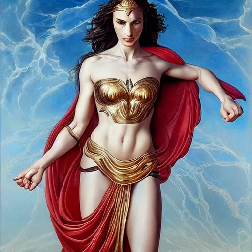 Image similar to Full body oil painting of the beautiful woman Gal Gadot, she is wearing some withe ancient greek cloths and a surreal ornate, her hair is natural disheveled, naturalism, dramatic lighting, high-detailed oil painting by Ilya Repin, Michelangelo da Caravaggio, William Blake, Alex Grey and Beksinski, trending on Artsatio, masterpiece, 4k, 8k,