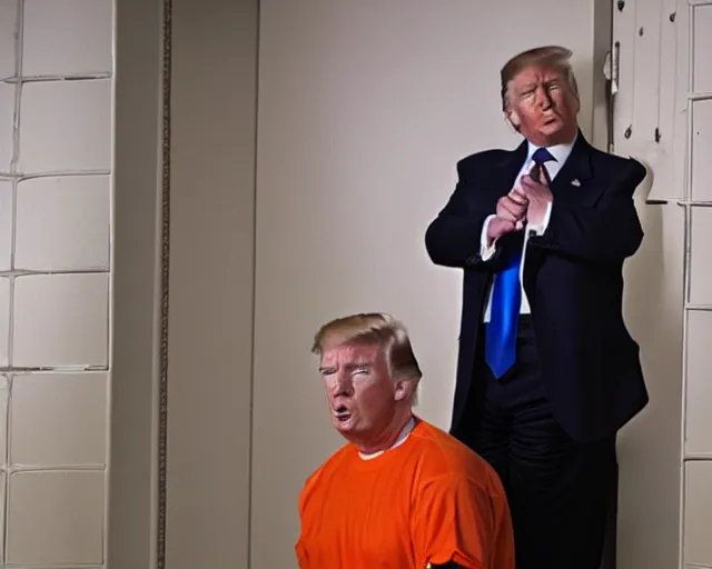 Prompt: donald trump wearing orange prison clothes locked up in an asylum, cinematic masterpiece, octane, dramatic lighting, very detailed