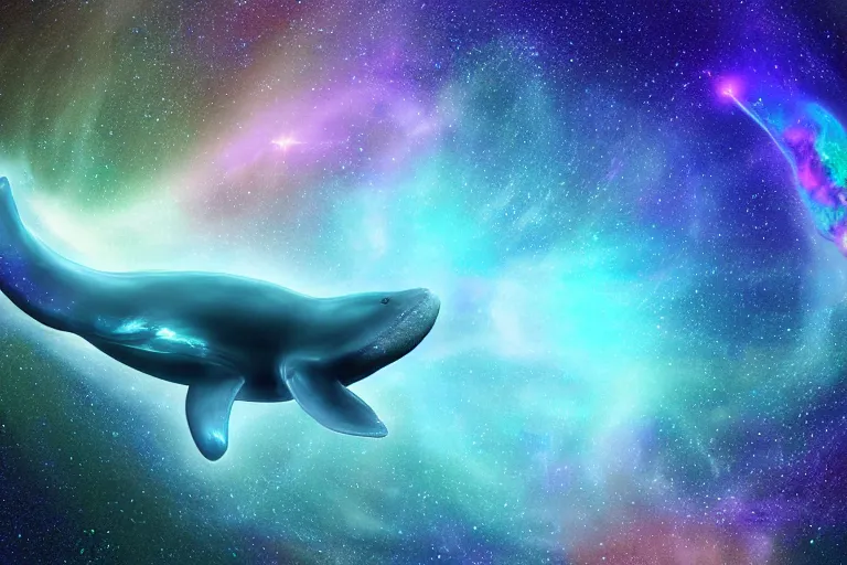 Prompt: a bioluminescent whale jumping through a space nebula leaving stardust trails behind, digital art, photorealistic