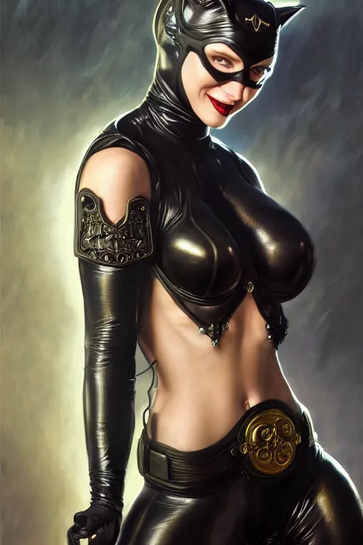 Prompt: painting of catwoman wearing ornate plastic armor, ultra realistic, sharp details, subsurface scattering, intricate details, warm lighting, beautiful features, highly detailed, photorealistic, octane render, 8 k, unreal engine, art by artgerm and greg rutkowski and alphonse mucha