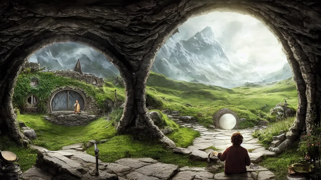 Prompt: frodo writing in his journal inside his hobbit hole bag end at the end of his journey, hobbiton visible through a window, by alan lee, michal karcz, smooth details, lord of the rings, game of thrones, smooth, detailed terrain, oil painting, trending artstation, concept art, fantasy matte painting, over the shoulder camera shot