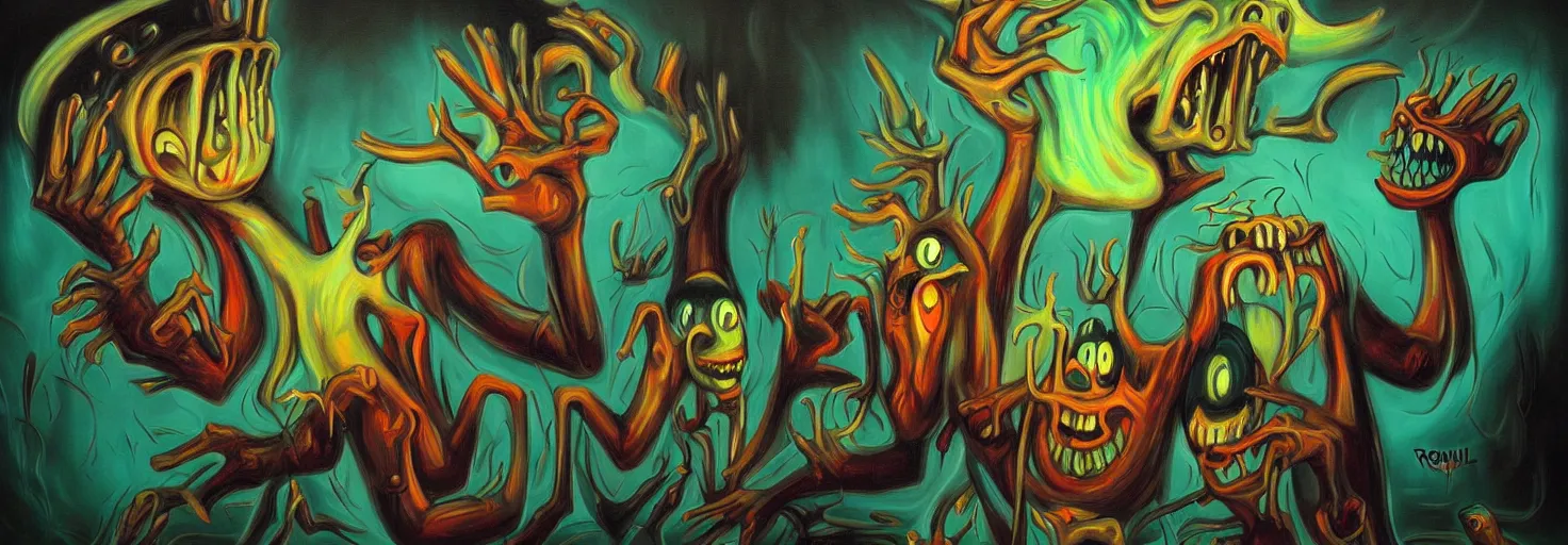 Image similar to visceral freaky obsessive monsters from the darkest depths of collective unconscious, dramatic glowing lighting, 1 9 3 0 s fleischer cartoon characters, wild emotional expressions - surreal painting by ronny khalil