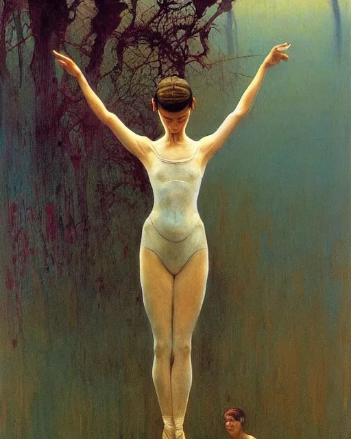 Image similar to the ballerina seen at the end of a human's life, painted by zdzislaw beksinski and artgerm and greg rutkowski and alphonse mucha