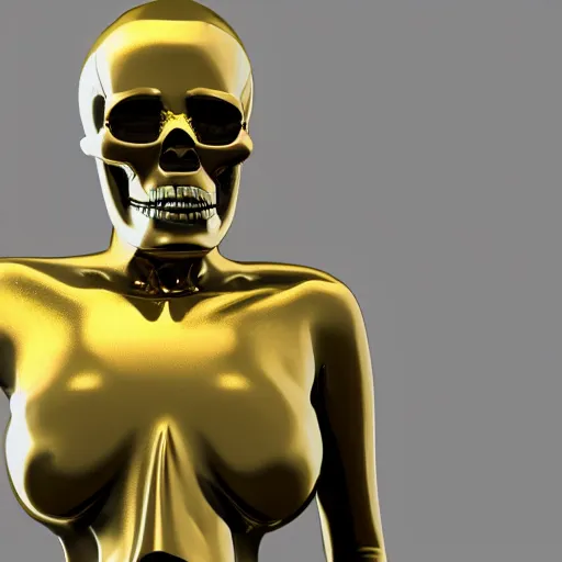 Prompt: award winning photo of a half gold half marble statue of a beautiful skull woman, rendered in vray with realflow fluid simulations and pixar minions in the background driving a bus in England, abducted by aliens in France of the future