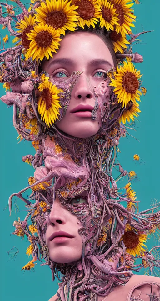 Prompt: cinema 4d colorful render, organic, ultra detailed, of a painted realistic face with growing sunflowers, scratched. biomechanical cyborg, Medusa head, analog, macro lens, beautiful natural soft rim light, smoke, veins, neon, winged insects and stems, roots, fine foliage lace, pink and pink details, art nouveau fashion embroidered, intricate details, mesh wire, computer components, anatomical, facial muscles, cable wires, elegant, hyper realistic, ultra detailed, 8k post-production