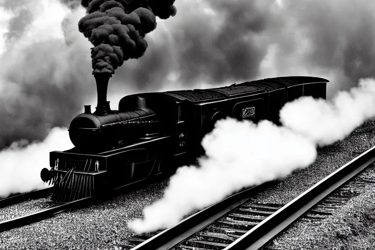 Image similar to black and white photograph of a sleek, futuristic steam locomotive thundering down the rails at high speed, cinematic, volumetric light, f 6 aperture, cinematic eastman 5 3 8 4 film