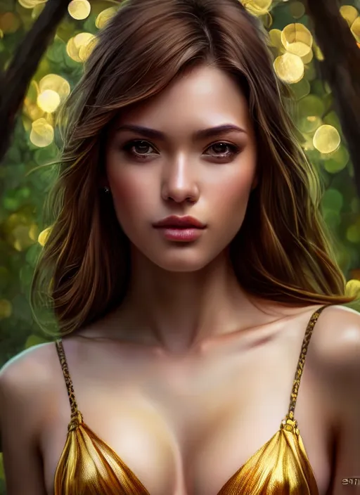 Image similar to photo of a gorgeous female in the style of stefan kostic, realistic, half body shot, sharp focus, 8 k high definition, insanely detailed, intricate, elegant, art by stanley lau and artgerm, extreme bokeh foliage