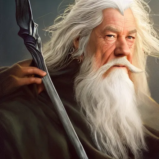 Prompt: Gandalf, 4k oil on linen by wlop, artgerm, andrei riabovitchev, nuri iyem, james gurney, james jean, greg rutkowski, highly detailed, soft lighting 8k resolution