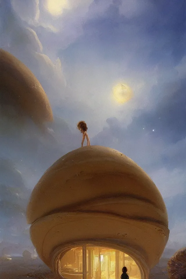 Prompt: sci fi painting of a giant seashell house, a young girl stands outside, by john harris and moebius, atmospheric, concept art