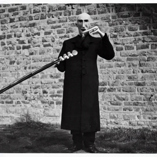 Image similar to vintage photograph of count orlok outside his castle, playing trombone, castle in the background, 4 k