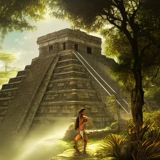 Image similar to mayan temple in the jungle, by tom bagshaw, by gaston bussiere, sunlit, mist, octane render