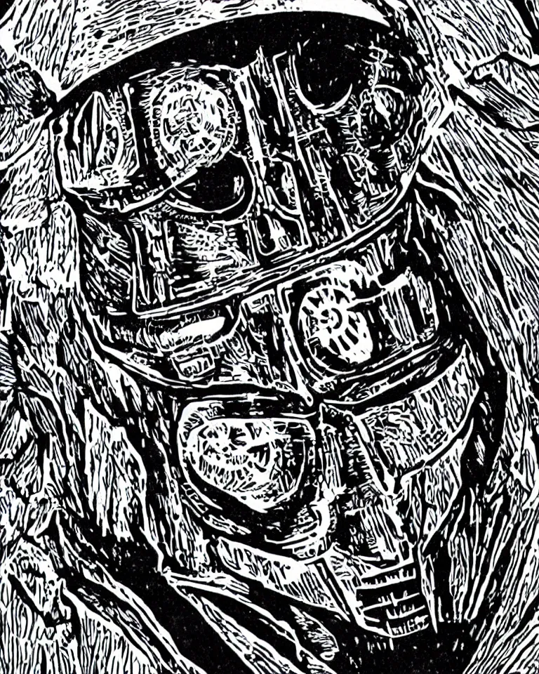 Image similar to a detailed lifelike linocut engraving of mf doom