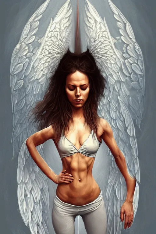 Image similar to Full body potrait of fit angel doing yoga asanas , angel is split in two with smoke, fantasy, intricate, elegant, highly detailed, digital painting, artstation, concept art, smooth, sharp focus, illustration, art by Ilja Repin