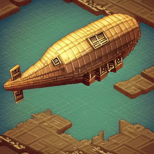 Prompt: Photo of airship in steampunk, pixel art, ArtStation, Unreal Engine, isometric view. Game RPG