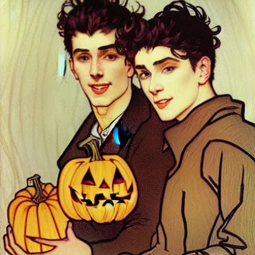 Image similar to painting of handsome young delicate beautiful jeffrey in his 2 0 s with brown hair and gorgeous rina together at the jack o'lantern halloween party holding pumpkins, elegant, clear, painting, stylized, art, art by alphonse mucha, vincent van gogh, egon schiele,