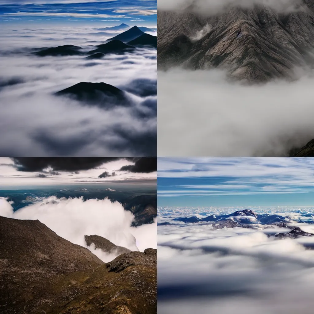 Prompt: mysterious landscape built on the clouds above a mountain