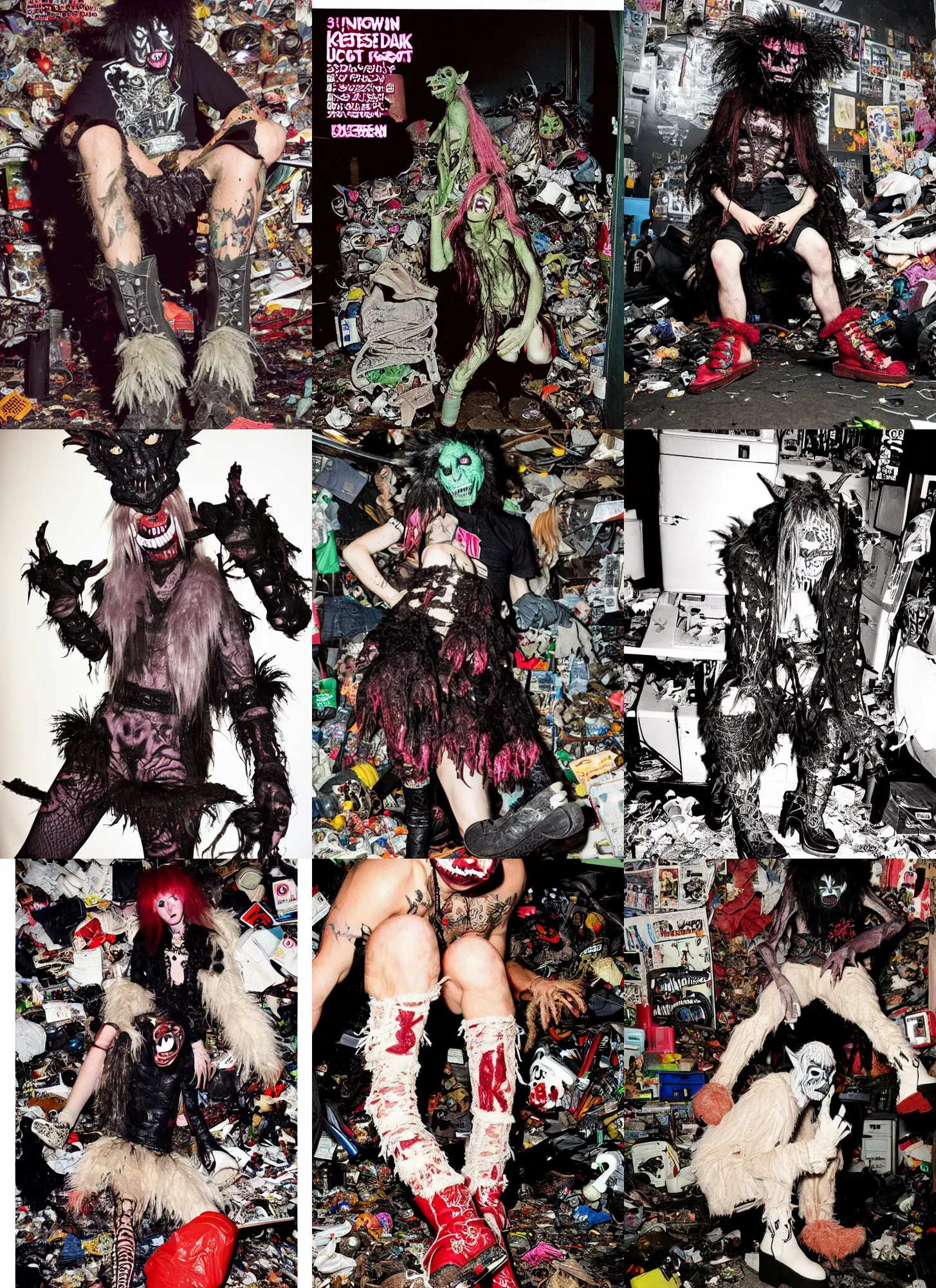 Image similar to photo of lace monster goblin wearing ripped up dirty Swear kiss monster teeth yeti platform boots in the style of Ryan Trecartin in the style of 1990's FRUiTS magazine 20471120 in japan in a dirty dark dark dark poorly lit bedroom full of trash and garbage server racks and cables everywhere in the style of Juergen Teller in the style of Shoichi Aoki, japanese street fashion, KEROUAC magazine, Walter Van Beirendonck W&LT 1990's, Vivienne Westwood, y2K aesthetic