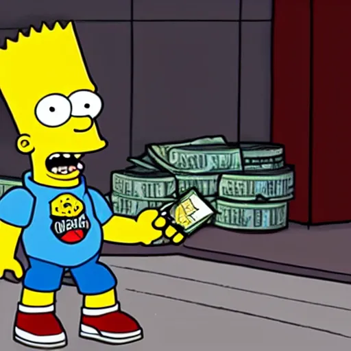 Image similar to full body action shot of Bart Simpson at the club partying and taking selfies with friends and a pile of cash in the background in GTA V or GTA VI, 8K, highly detailed, photo realistic