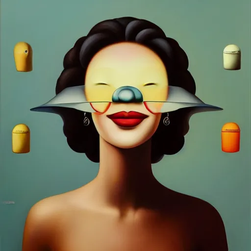 Prompt: a painting of a happy woman, an ultrafine detailed painting by rafal olbinski, behance contest winner, pop surrealism, detailed painting, very detailed, minimalist, skeuomorphic, airbrush art