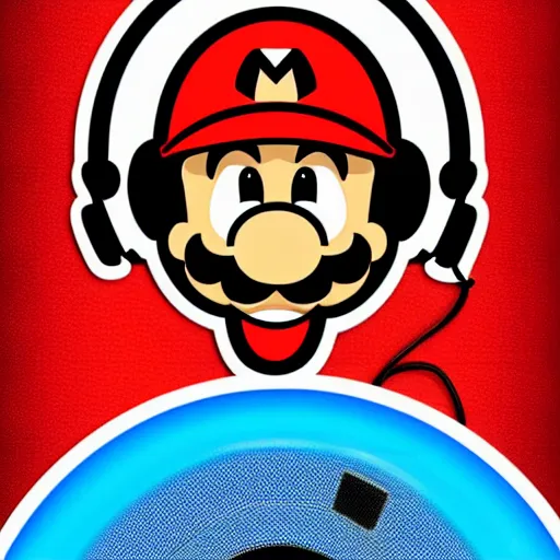 Image similar to svg sticker of a Pop-Wonder SuperMario, Mario-Wearing-a-red-hat, at a rave, spinning records, giant headphones rocking out, wearing headphones, huge speakers, dancing, rave, DJ, spinning records, digital art, amazing composition, rule-of-thirds, award-winning, trending on artstation, featured on deviantart