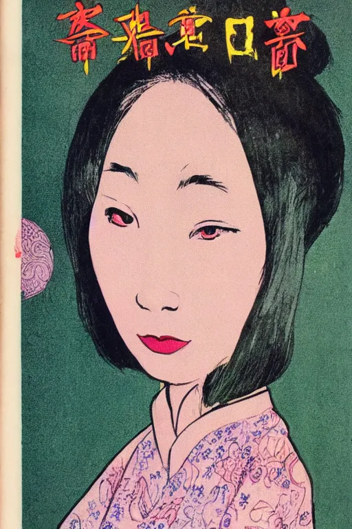 Prompt: 1 9 6 6 magazine color illustration of a young chinese woman who runs a demonic cult in shanghai