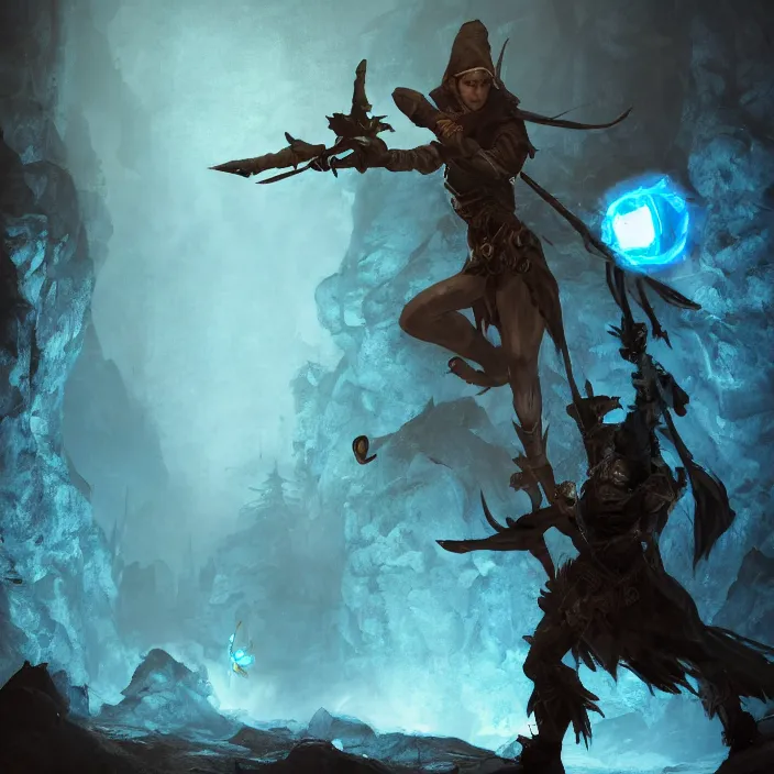 Prompt: an elf ranger in silhouette in a cave with weapons drawn facing a glowing blue orb, fantasy concept art, trending on artstation, video game concept art, highly detailed, cinematic lighting, digital art, dark fantasy, rendered in unreal