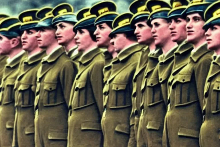 Image similar to minions as german soldiers in ww 2, goose stepping, military parade, dress uniforms