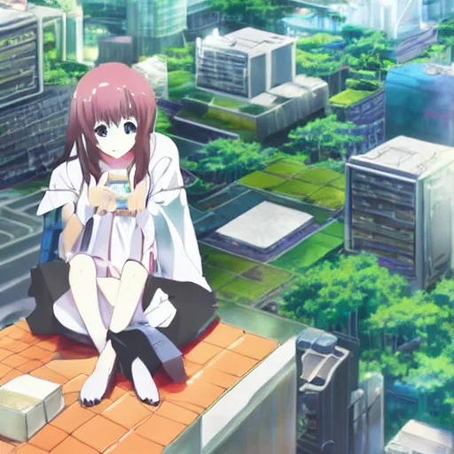 Prompt: Key Anime Visual a macro anime girl sitting on a miniature city, official modern anime