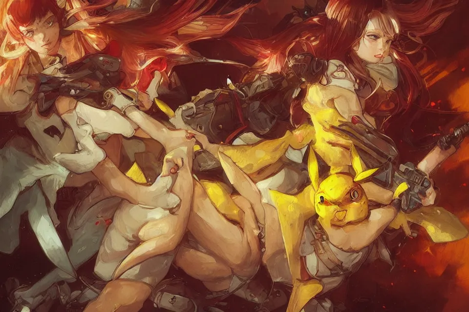 Image similar to bloody battle between two pikachu, highly detailed, digital painting, artstation, concept art, smooth, sharp, focus, illustration, art by artgerm and greg rutkowski and alphonse mucha