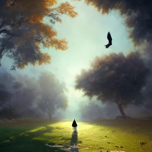Prompt: magpie bird, urraca in avila, green fields, fall season, 4 k, concept art, by wlop, ilya kuvshinov, artgerm, krenz cushart, greg rutkowski, pixiv. cinematic dramatic atmosphere, sharp focus, volumetric lighting, cinematic lighting, studio quality