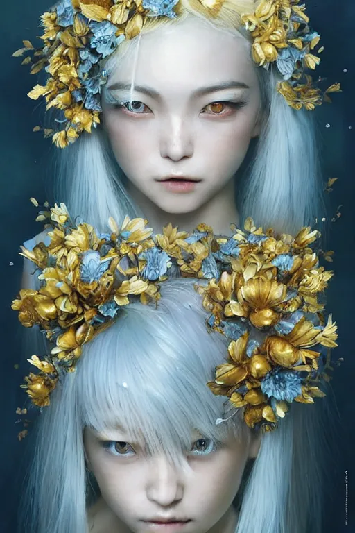 Image similar to a pale Ute Japanese girl with white hair, floral crown, sad blue eyes, cinematic lighting, ultra detailed, highly detailed, sharp focus, golden background with flowers, golden jewellery with blue sapphires, photographic, art by artgerm and greg rutkowski and zdislav beksinski