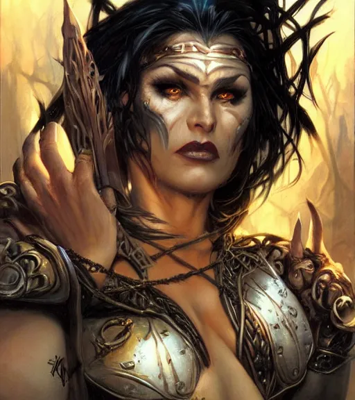 Image similar to a evil female half - orc sorceress, art by karol bak and mark brooks and artgerm, centered, trending on artstation