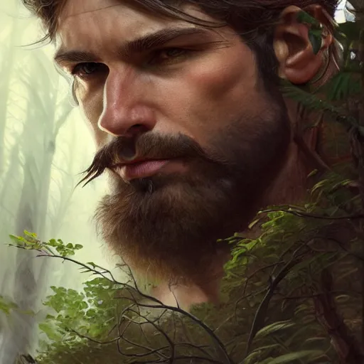 Prompt: portrait of rugged male ranger in the forest, masculine, D&D, muscular, fantasy, intricate, elegant, highly detailed, digital painting, artstation, concept art, smooth, sharp focus, illustration, art by artgerm and greg rutkowski and alphonse mucha