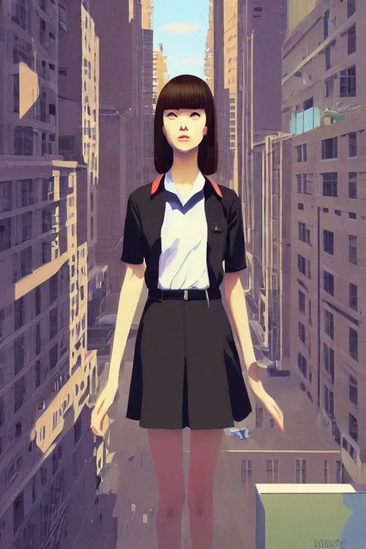 Image similar to a cute giantess wearing school uniform standing in the city which seem small, bird's eye view, strong brush stroke, sharp focus, illustration, morandi color scheme, art station, by ilya kuvshinov