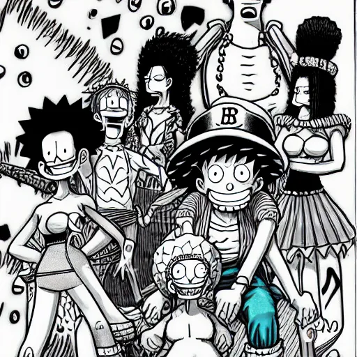 Image similar to marge simpson and her new family from one piece drawn by kentaro miura