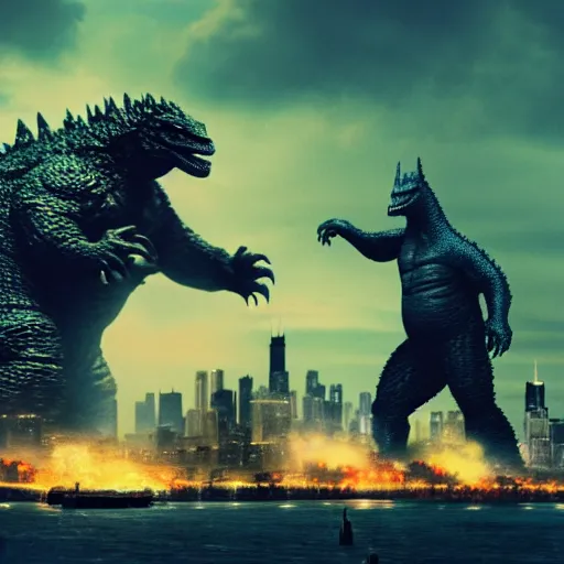 Image similar to thicc godzilla is destroying chicago film still 4k