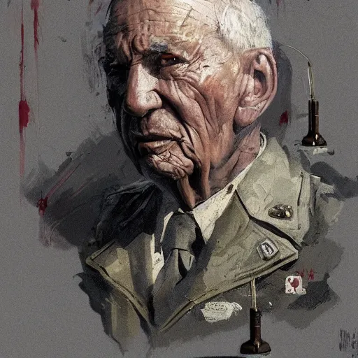 Image similar to old man portrait, ww 2 hand grenade in his left, he pulling pin, greg rutkowski art