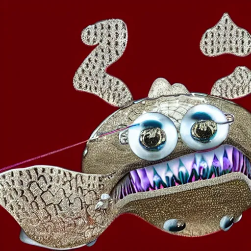 Prompt: A diamond encrusted killer anglerfish with jeweled teeth, the mouth is wide open, inside the mouth is a vegas casino, the fish is dangling a dollar sign in front of it