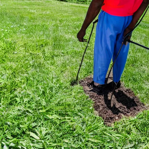 Prompt: broke black man looking for a job while cutting grass out in the hot sun