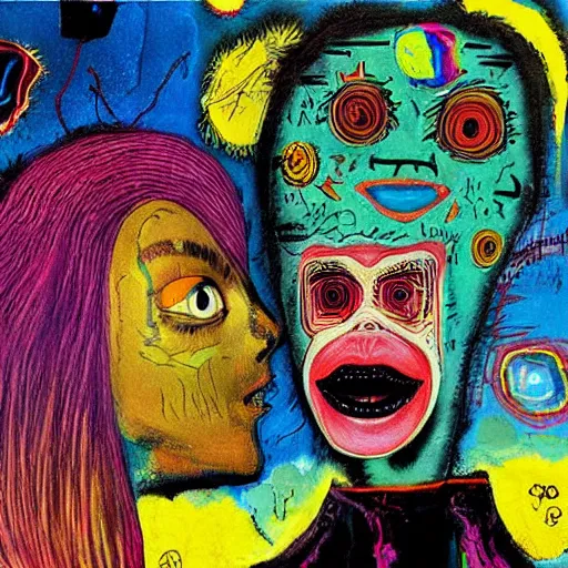 Image similar to beautiful painting of two bizarre psychedelic women kissing each other closeup on an alien planet, speculative evolution, mixed media collage by basquiat and junji ito, magazine collage art, psychedelic illustration, sapphic art, lesbian art