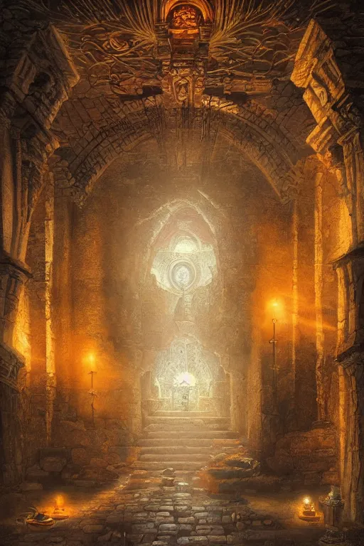 Prompt: Detailed Interior of Monastery Ruins, aztec patterns, light of god, light shafts, candles, stunning atmosphere, in Style of Peter Mohrbacher, cinematic lighting