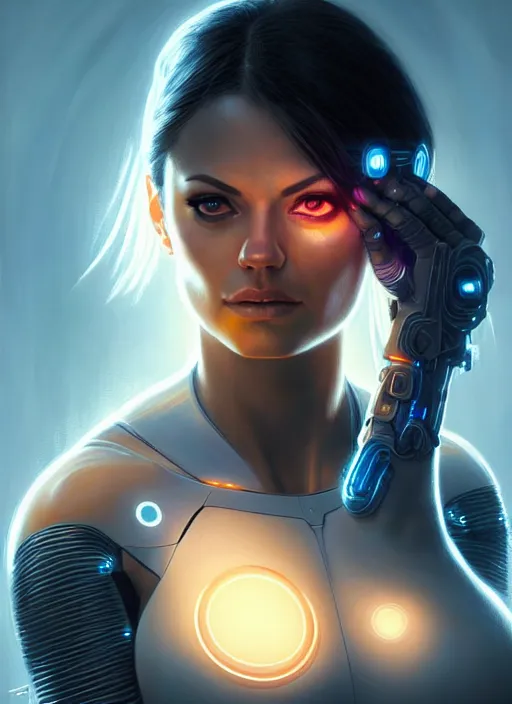 Image similar to portrait of female cyborg as cortana, mila kunis, intricate, elegant, glowing lights, highly detailed, digital painting, artstation, glamor pose, concept art, smooth, sharp focus, illustration, art by artgerm and greg rutkowski, artey freytag